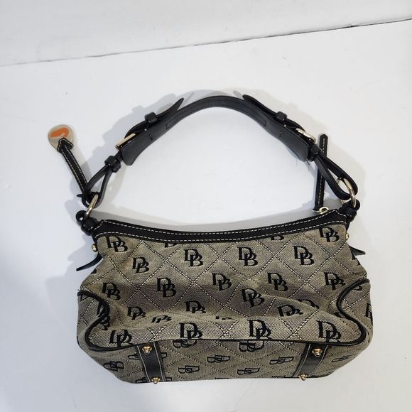 Dooney & Bourke  leather canvas short handle logo DB print black grey denim Y2k - Picture 3 of 14